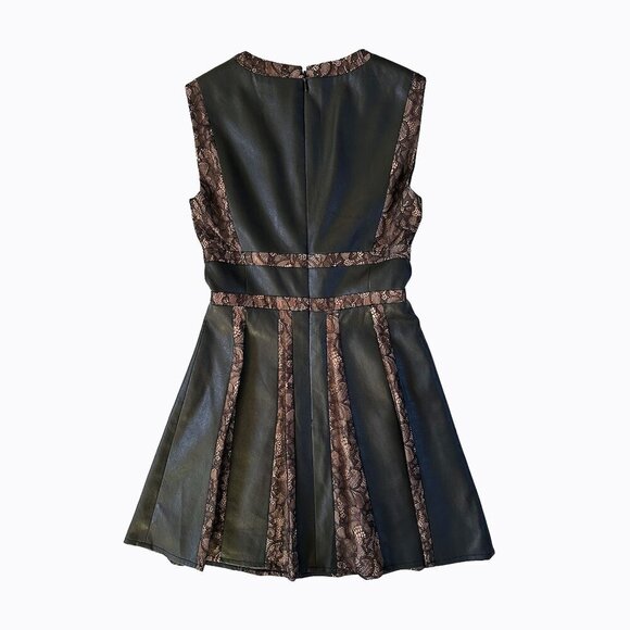BCBGMaxAzria Dress Sz2 Black Faux Leather Pleated Brown Lace V-Neck 90s Goth Y2K - Picture 2 of 8